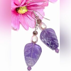 Purple Amethyst Carved Leaf Freshwater Pearl Rainbow Tourmaline Crystal Earrings